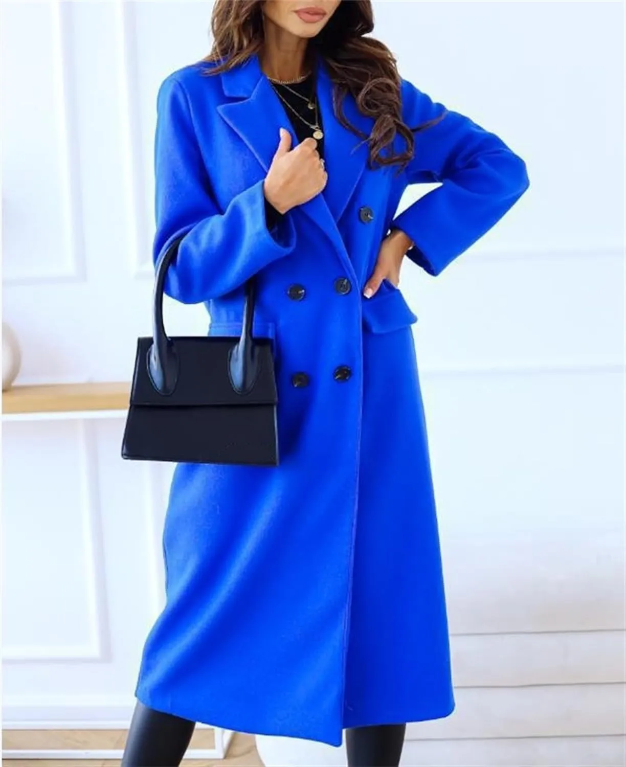 Women's Double Breasted Pea Coat,Classic Notched Collar Mid-Long Wool Blend Trench Coat,Womens Winter Coats Long
