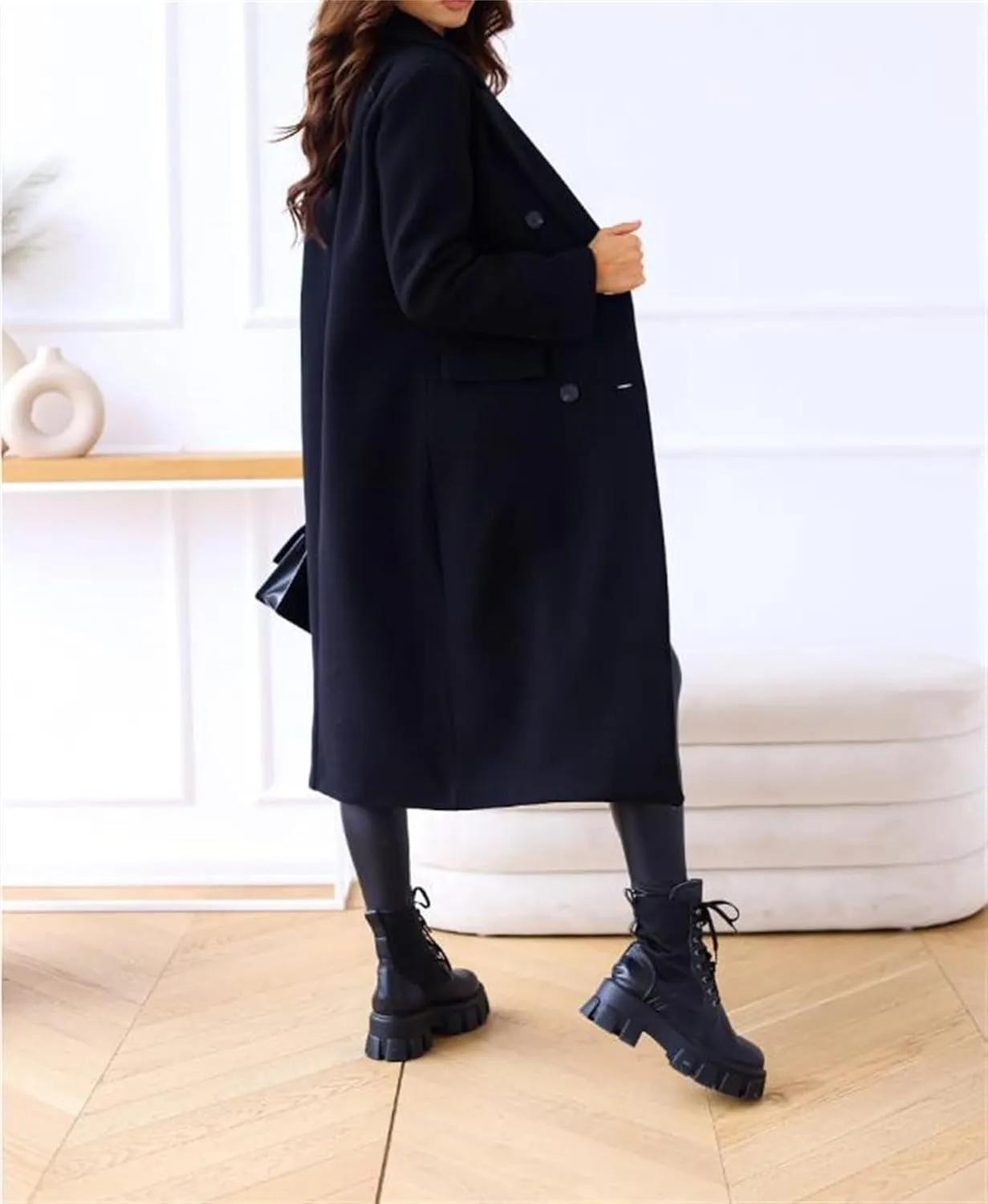 Women's Double Breasted Pea Coat,Classic Notched Collar Mid-Long Wool Blend Trench Coat,Womens Winter Coats Long