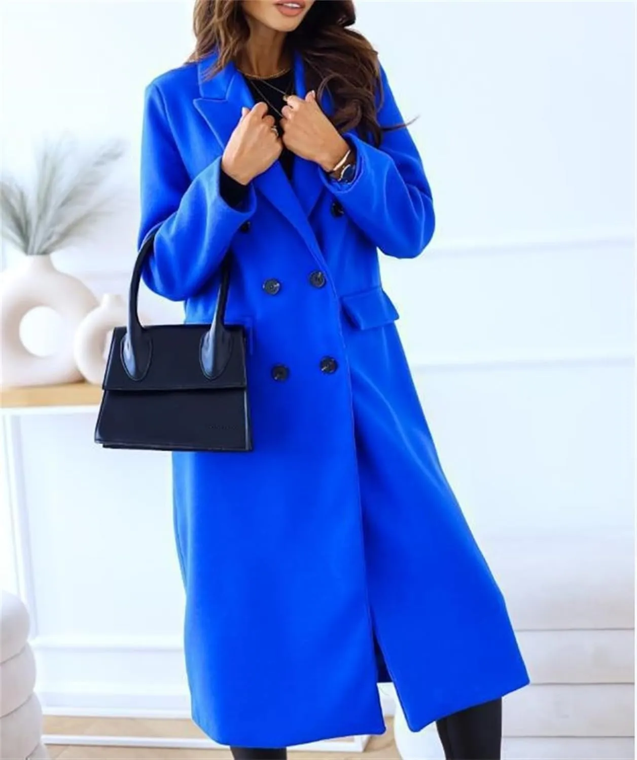 Women's Double Breasted Pea Coat,Classic Notched Collar Mid-Long Wool Blend Trench Coat,Womens Winter Coats Long