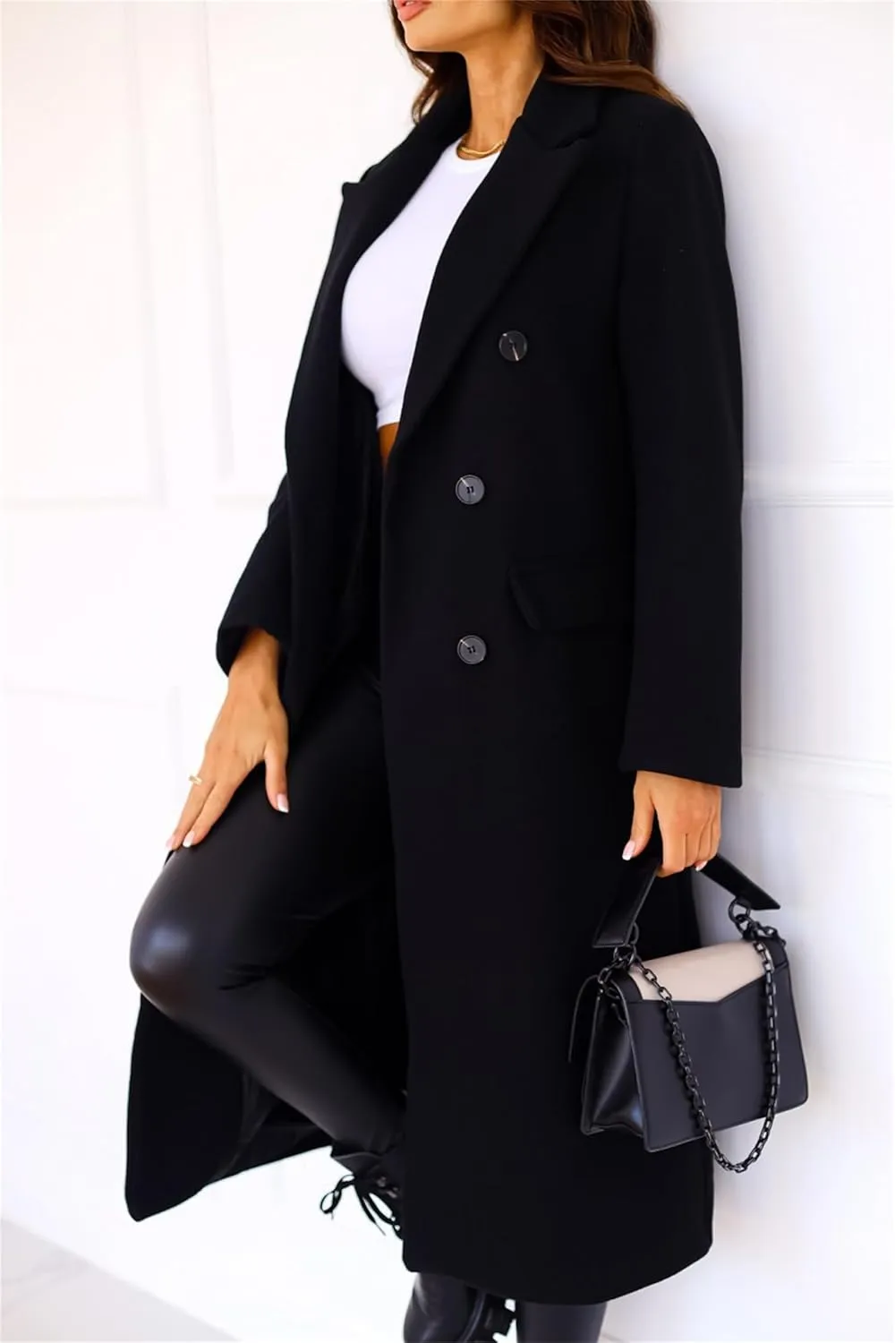 Women's Double Breasted Pea Coat,Classic Notched Collar Mid-Long Wool Blend Trench Coat,Womens Winter Coats Long