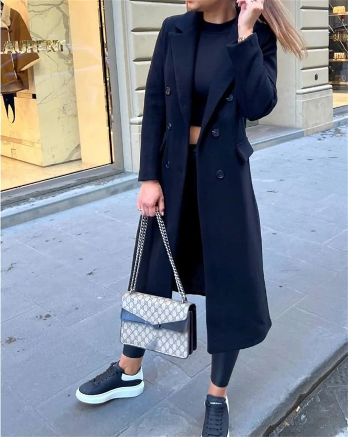 Women's Double Breasted Pea Coat,Classic Notched Collar Mid-Long Wool Blend Trench Coat,Womens Winter Coats Long