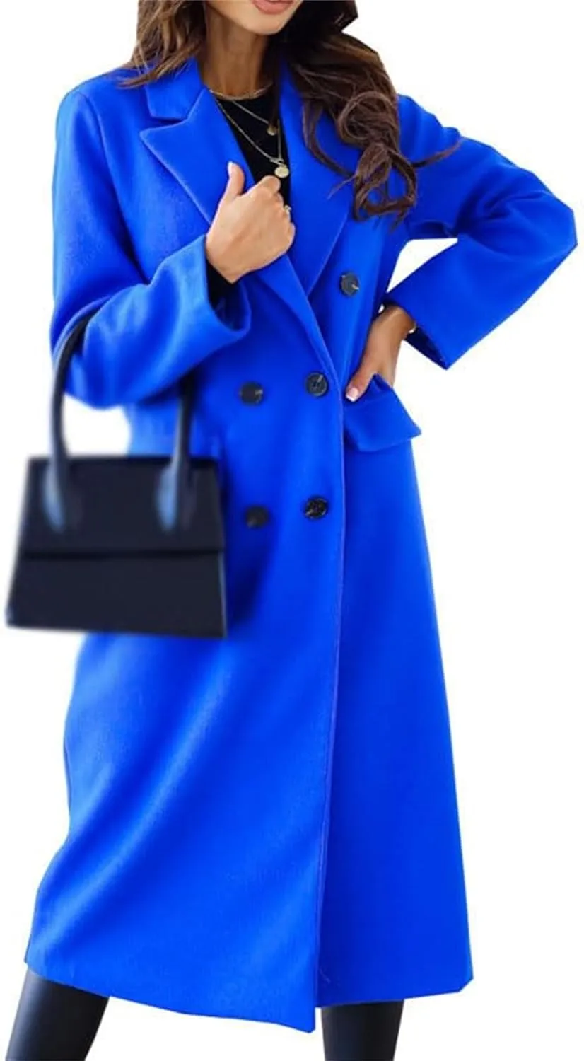 Women's Double Breasted Pea Coat,Classic Notched Collar Mid-Long Wool Blend Trench Coat,Womens Winter Coats Long