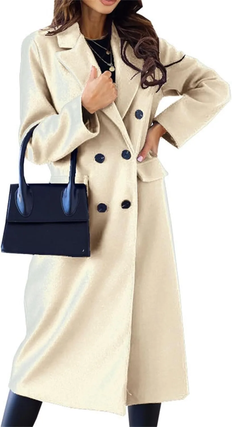 Women's Double Breasted Pea Coat,Classic Notched Collar Mid-Long Wool Blend Trench Coat,Womens Winter Coats Long