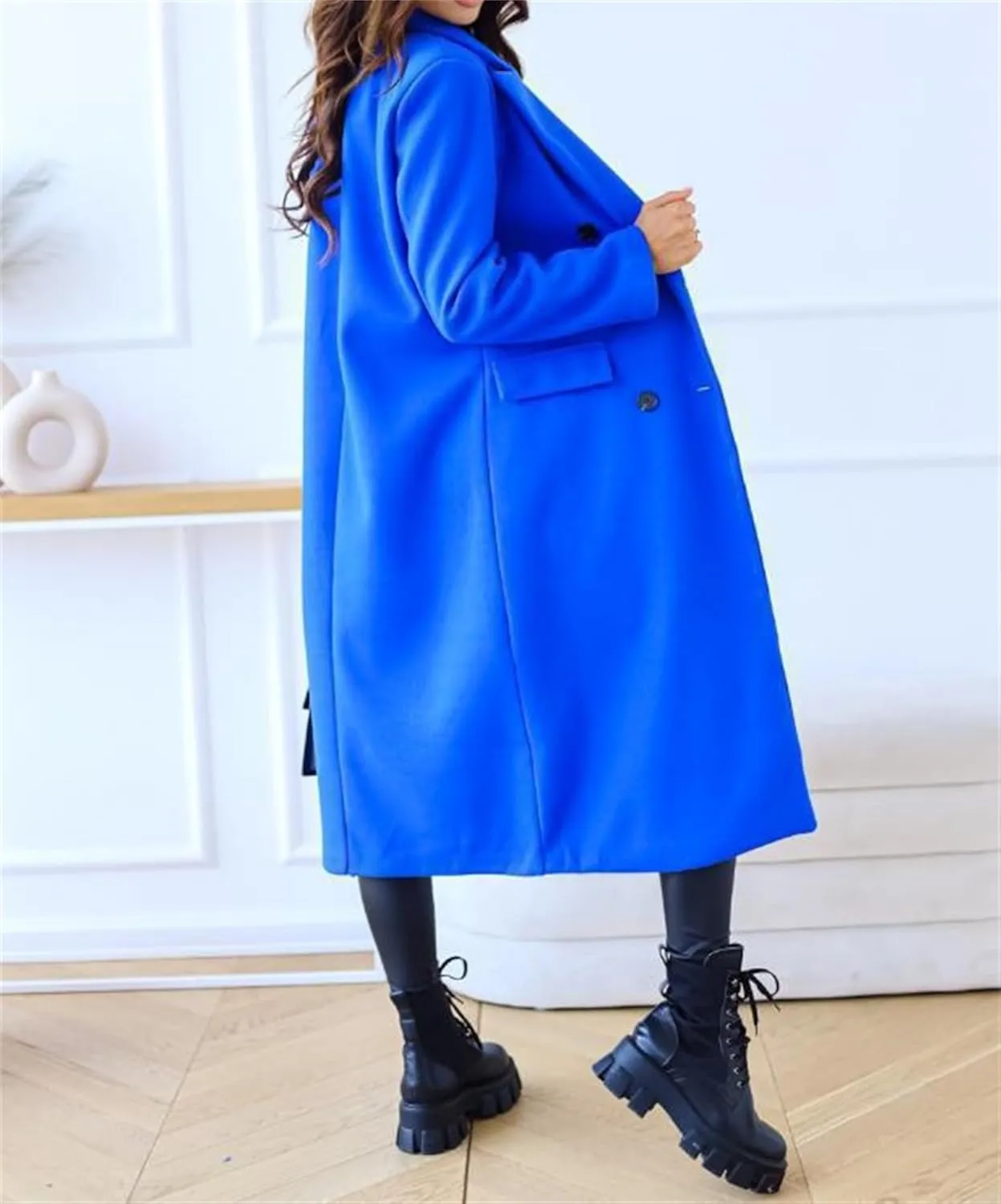 Women's Double Breasted Pea Coat,Classic Notched Collar Mid-Long Wool Blend Trench Coat,Womens Winter Coats Long