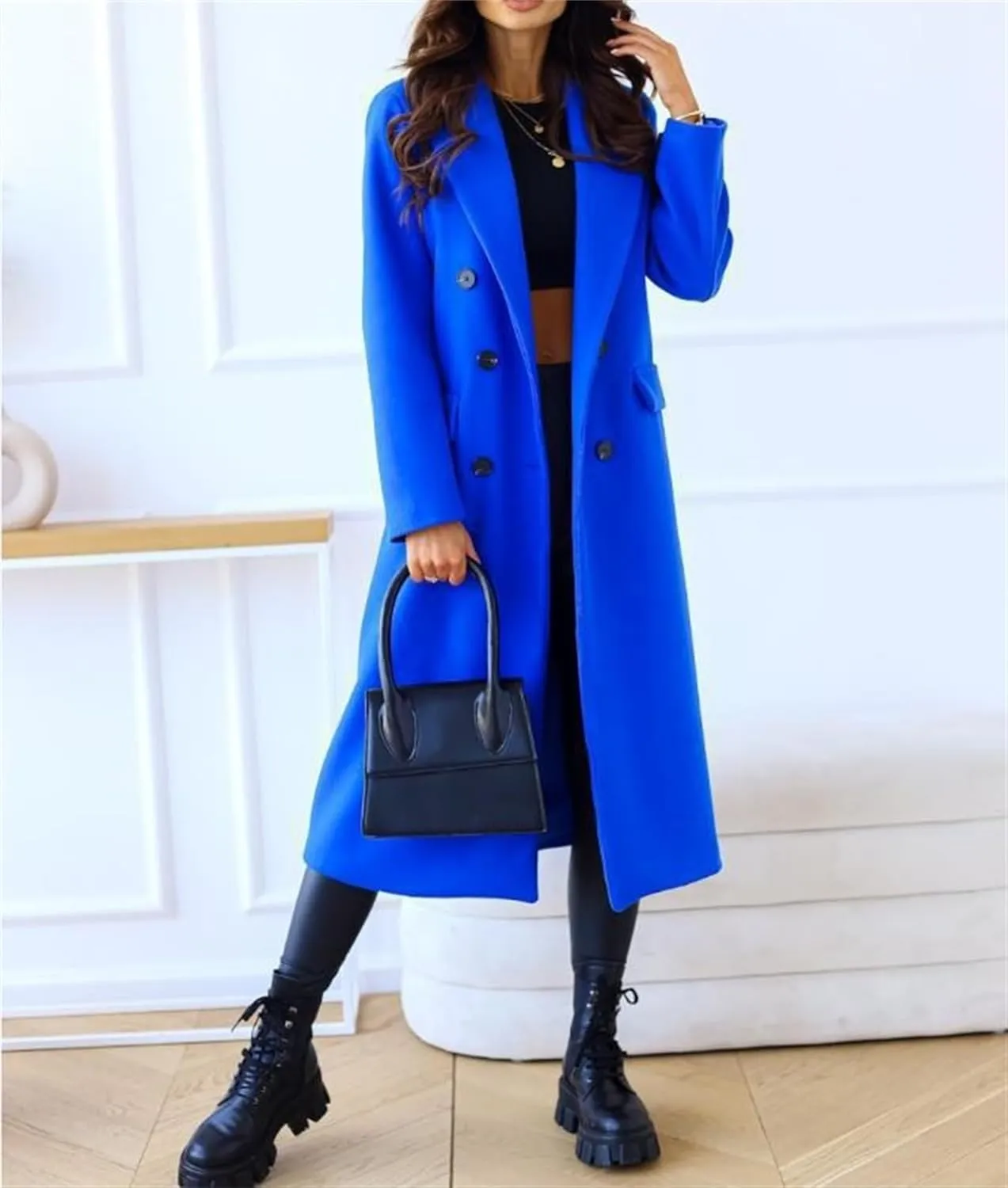 Women's Double Breasted Pea Coat,Classic Notched Collar Mid-Long Wool Blend Trench Coat,Womens Winter Coats Long