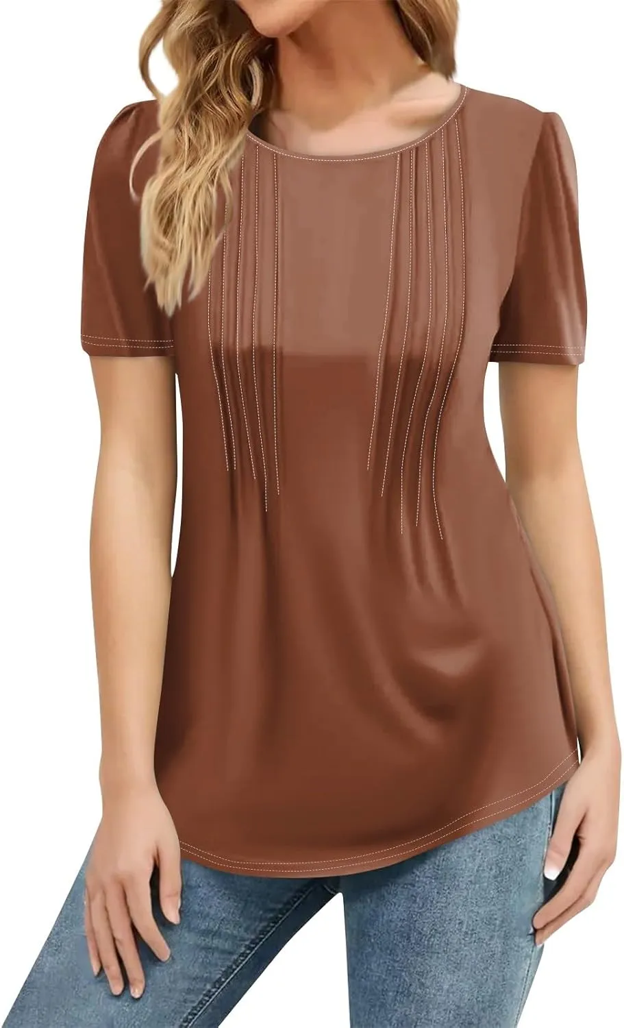 Women's Going Out Tops Petal Short Sleeve Summer Casual Crew Neck Shirts Solid Blouse Pleated Tunics Shirts, S-3XL