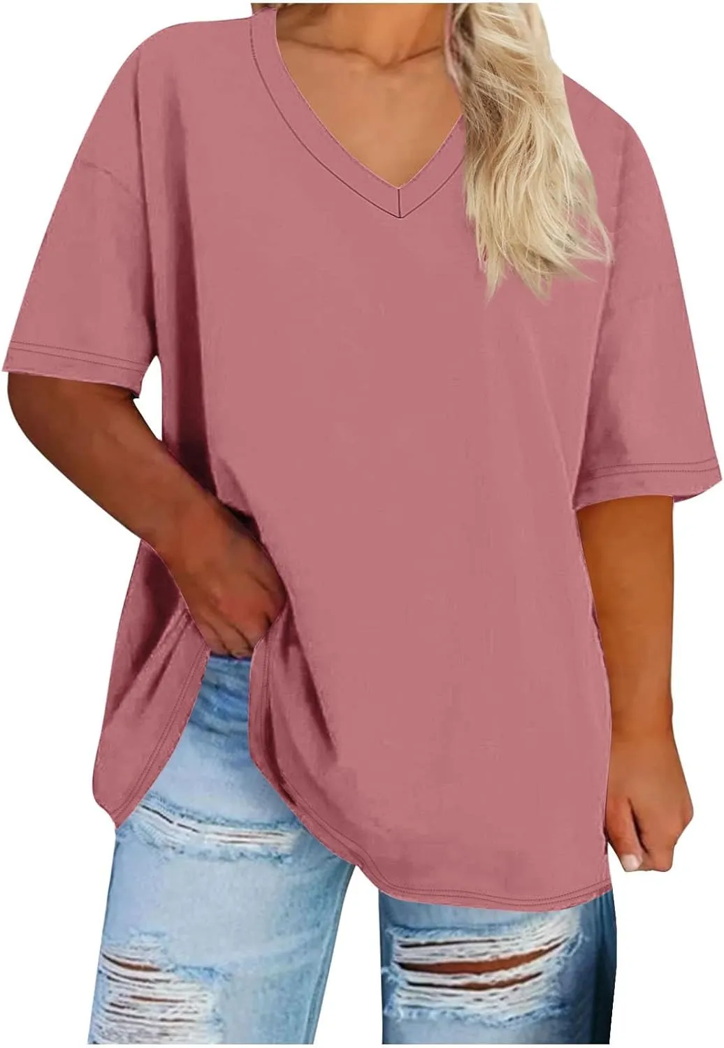 Womens Plus Size T Shirt V Neck Loose Fit Short Sleeve Tunic Top Summer Casual Tops Oversized Solid Blouse
