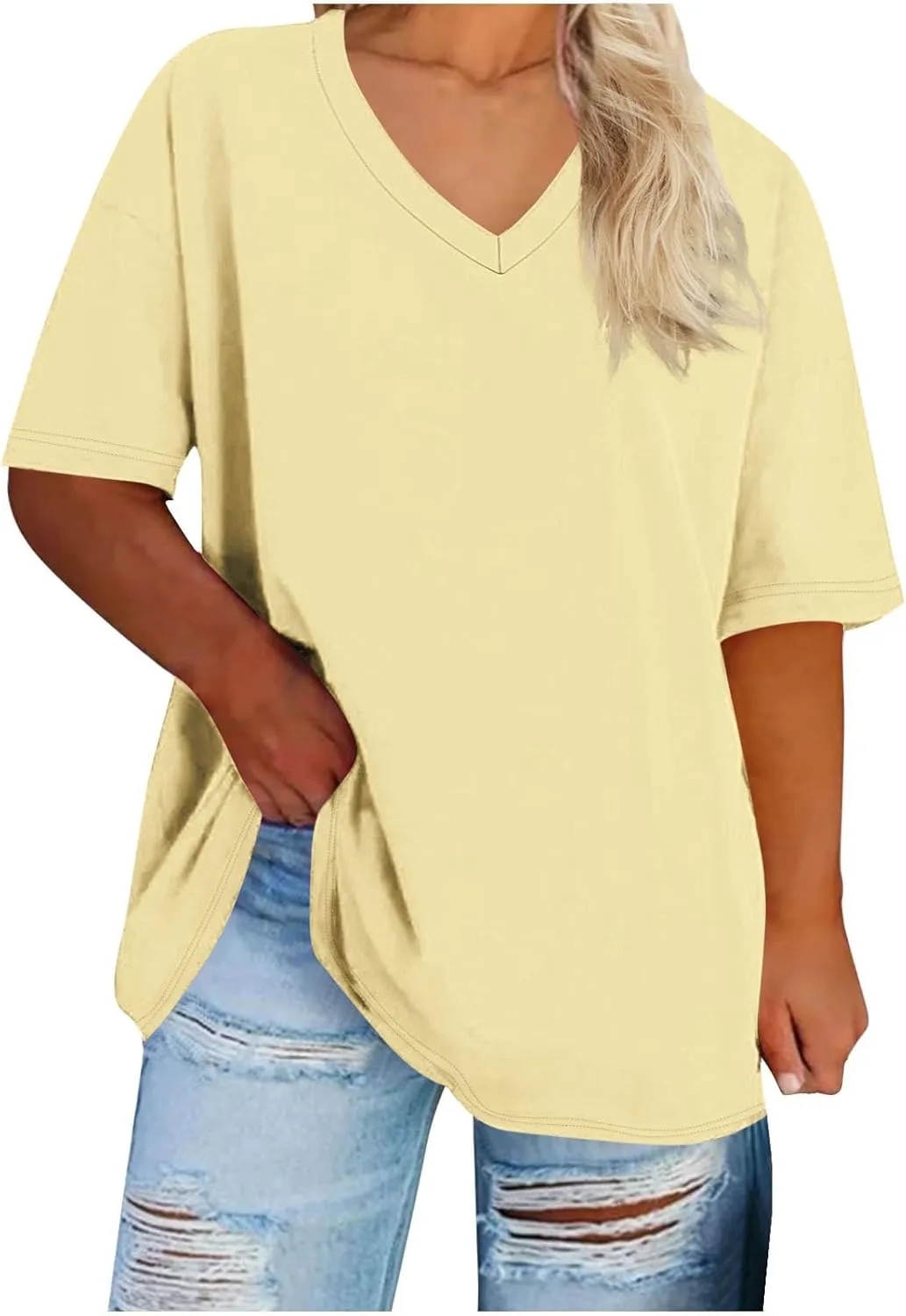 Womens Plus Size T Shirt V Neck Loose Fit Short Sleeve Tunic Top Summer Casual Tops Oversized Solid Blouse
