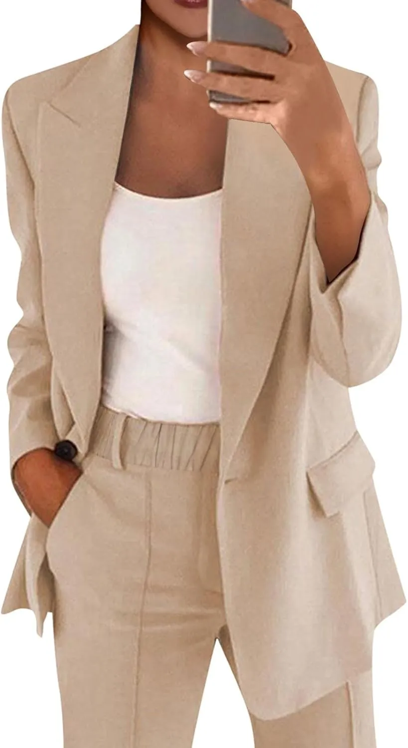 Women's Spring/Fall Two Piece Outfits Dressy Blazer Jacket and Wide Leg Pants Pockets Business Casual Office Suit Sets