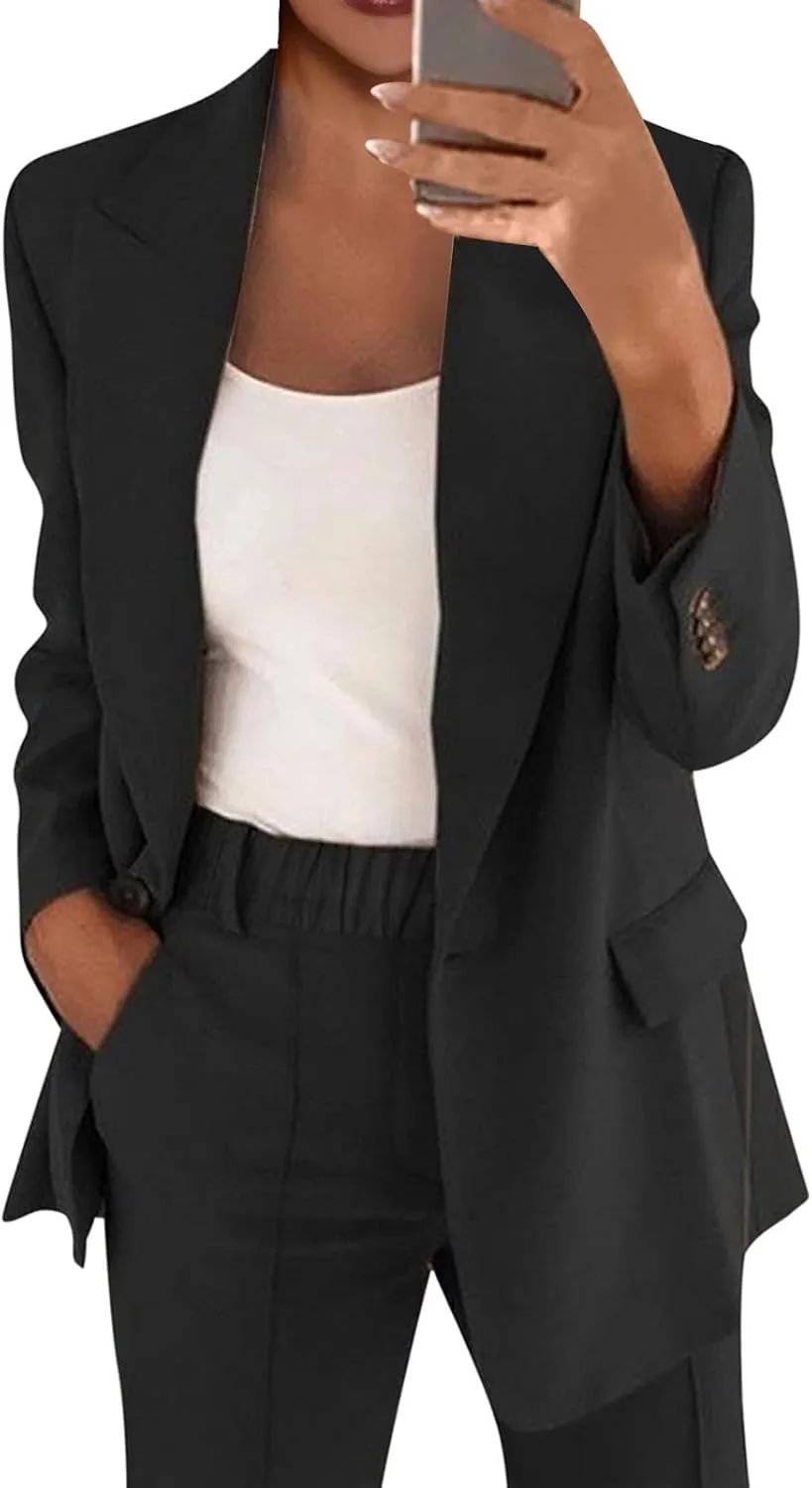Women's Spring/Fall Two Piece Outfits Dressy Blazer Jacket and Wide Leg Pants Pockets Business Casual Office Suit Sets