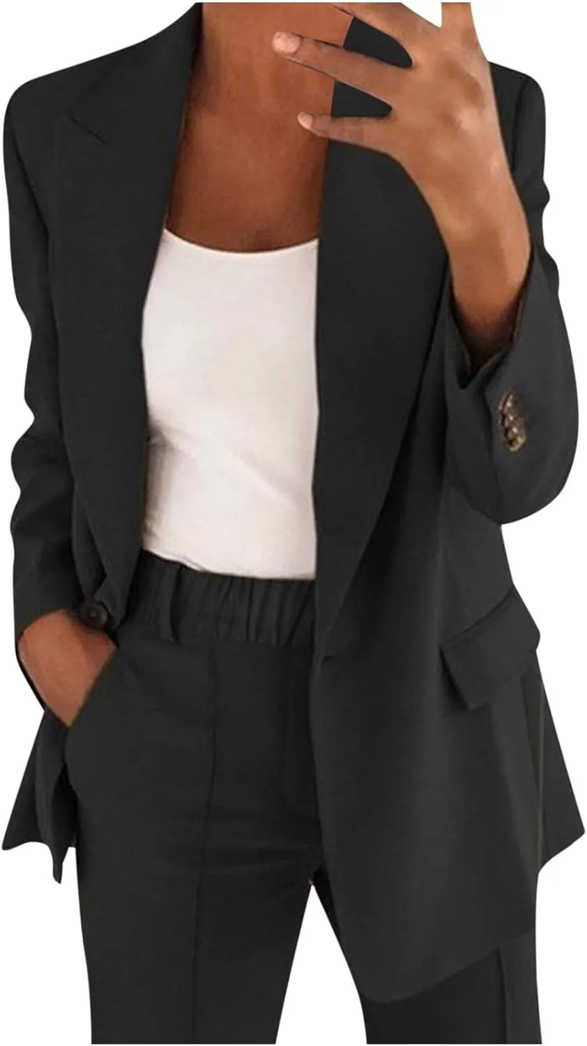Women's Spring/Fall Two Piece Outfits Dressy Blazer Jacket and Wide Leg Pants Pockets Business Casual Office Suit Sets