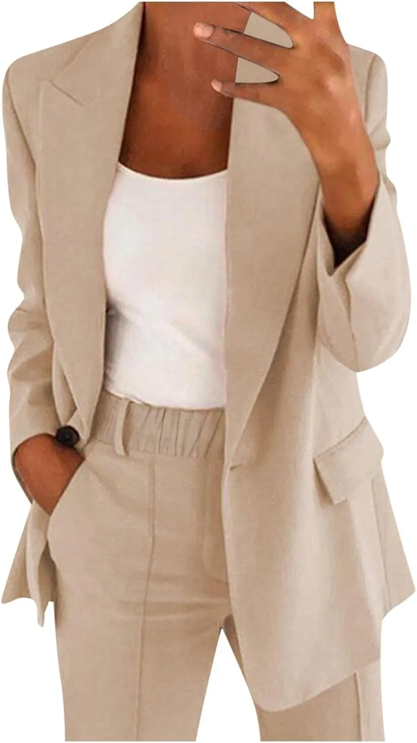 Women's Spring/Fall Two Piece Outfits Dressy Blazer Jacket and Wide Leg Pants Pockets Business Casual Office Suit Sets