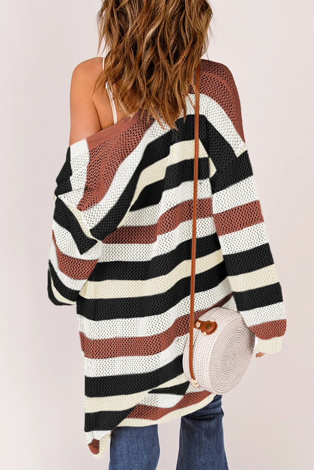 Women's Striped Color Block Hollowed Knit Cardigan