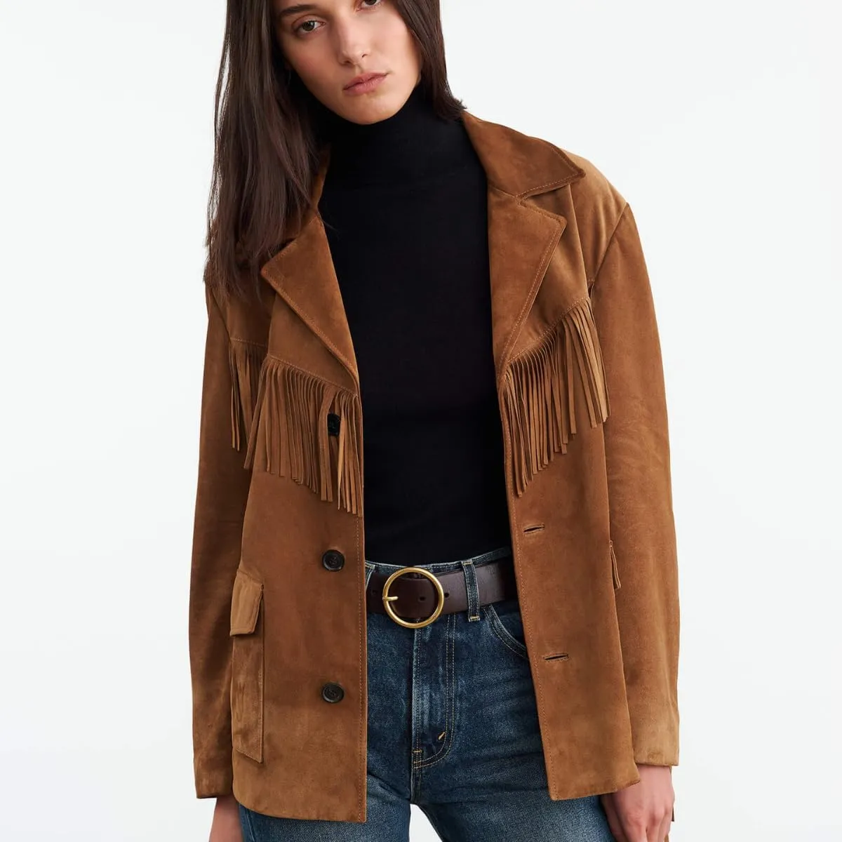 Women's Western Suede Leather Jacket with Fringe, Brown, Button Front, 2 Pockets