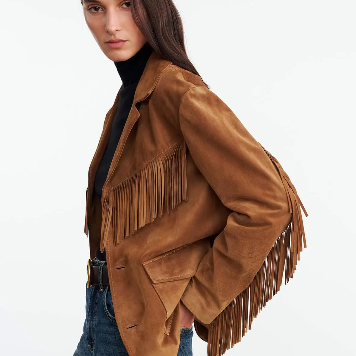 Women's Western Suede Leather Jacket with Fringe, Brown, Button Front, 2 Pockets