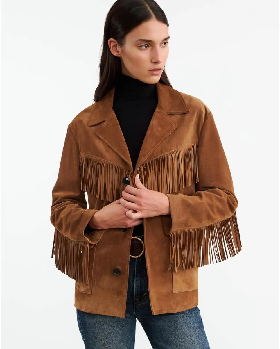 Women's Western Suede Leather Jacket with Fringe, Brown, Button Front, 2 Pockets