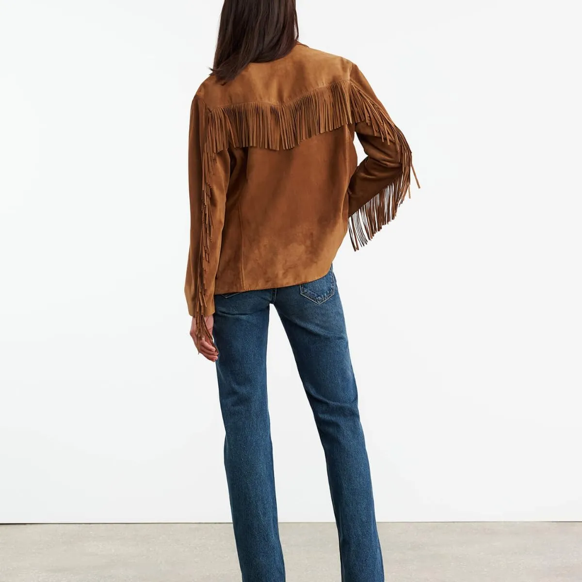 Women's Western Suede Leather Jacket with Fringe, Brown, Button Front, 2 Pockets