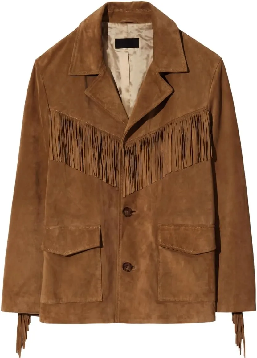 Women's Western Suede Leather Jacket with Fringe, Brown, Button Front, 2 Pockets